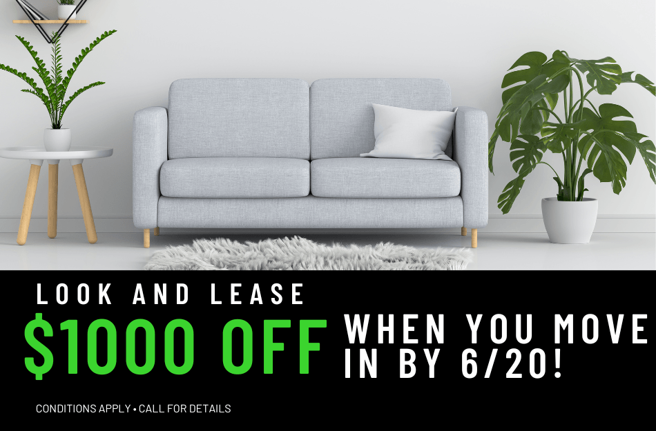 Look, lease, and move in by 6/20 and receive $1000 OFF. Conditions apply, call for details